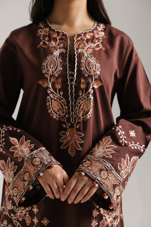 ETHNC Chocolate Embroidered 2-Piece Stitched Suit with Cream Print Shalwar - Brown
