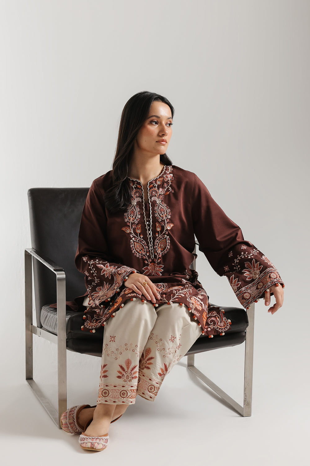 ETHNC Chocolate Embroidered 2-Piece Stitched Suit with Cream Print Shalwar - Brown
