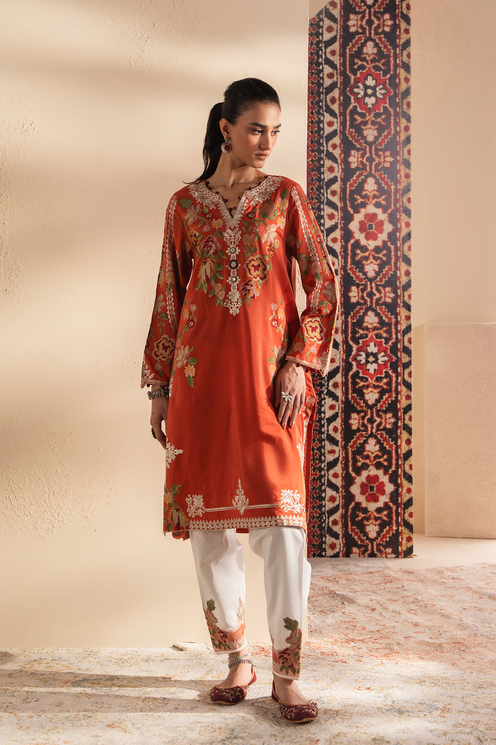 ETHNC Rozana Embroidered 2-Piece Suit – Rust Orange & White