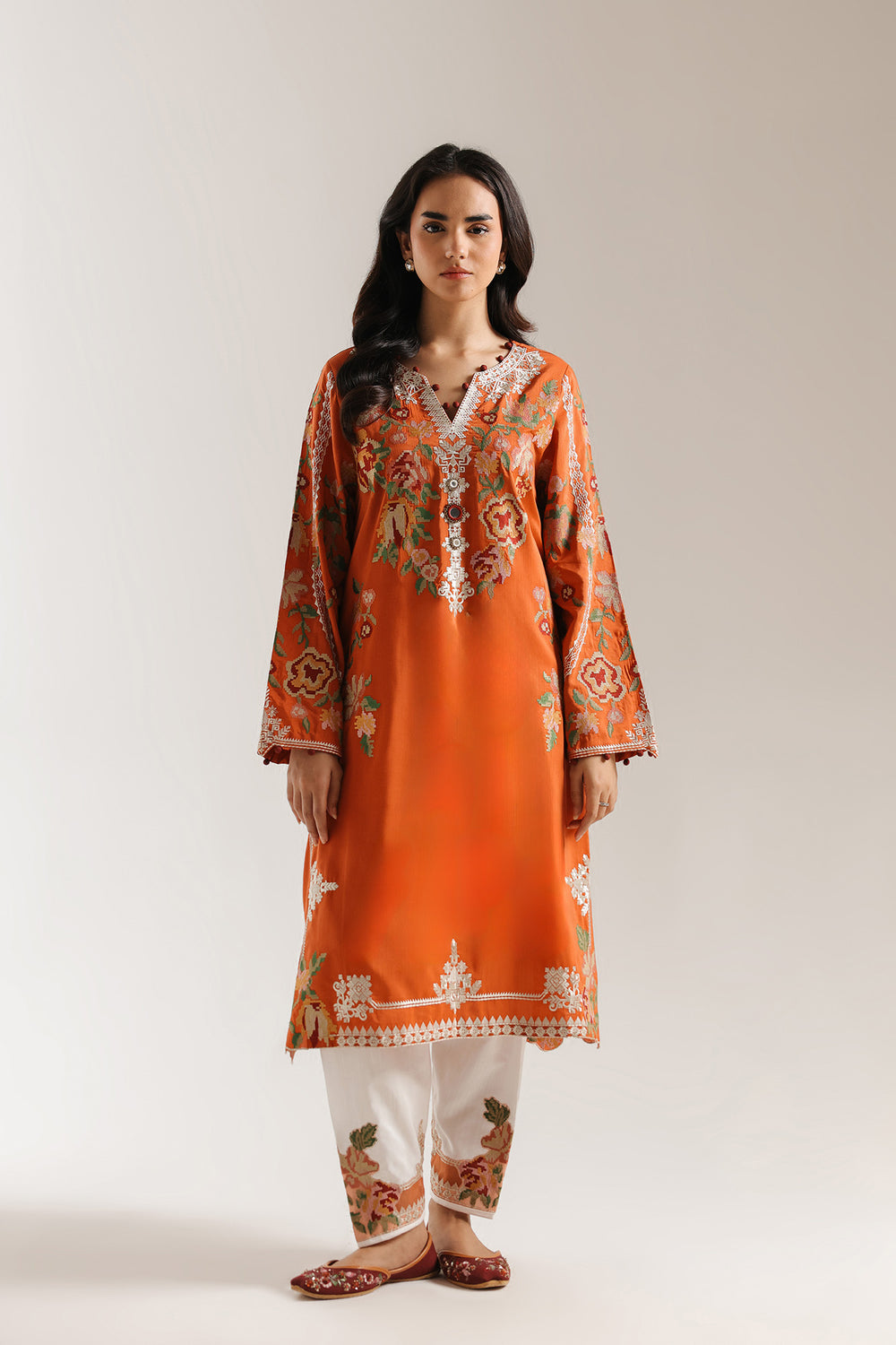 ETHNC Rozana Embroidered 2-Piece Suit – Rust Orange & White