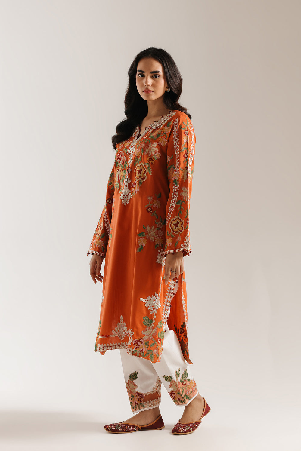 ETHNC Rozana Embroidered 2-Piece Suit – Rust Orange & White