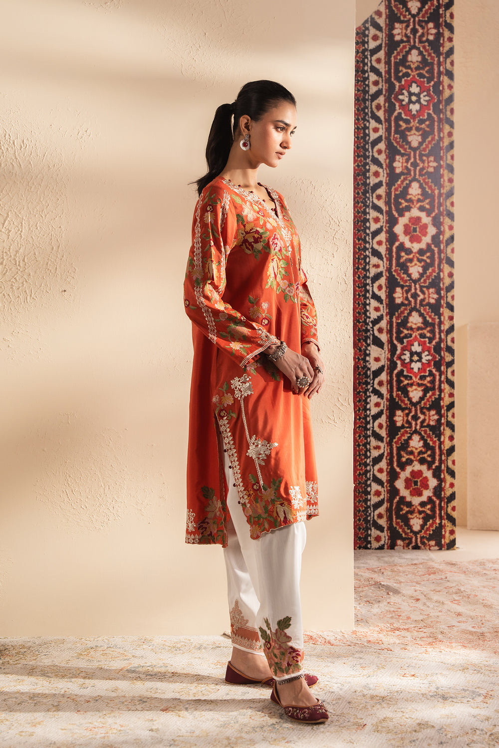 ETHNC Rozana Embroidered 2-Piece Suit – Rust Orange & White