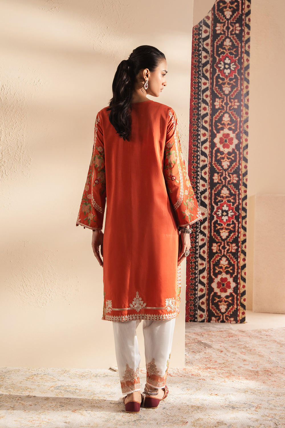 ETHNC Rozana Embroidered 2-Piece Suit – Rust Orange & White