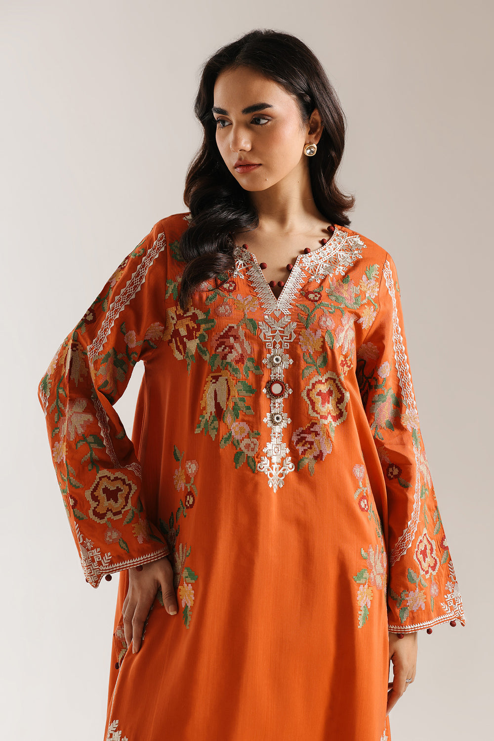 ETHNC Rozana Embroidered 2-Piece Suit – Rust Orange & White