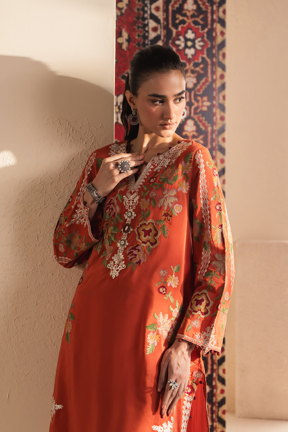 ETHNC Rozana Embroidered 2-Piece Suit – Rust Orange & White
