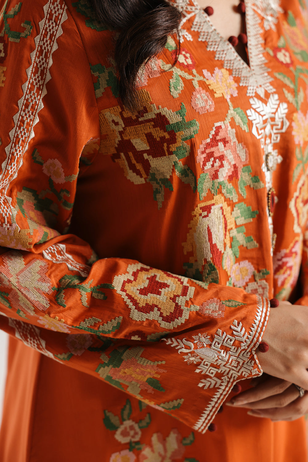 ETHNC Rozana Embroidered 2-Piece Suit – Rust Orange & White