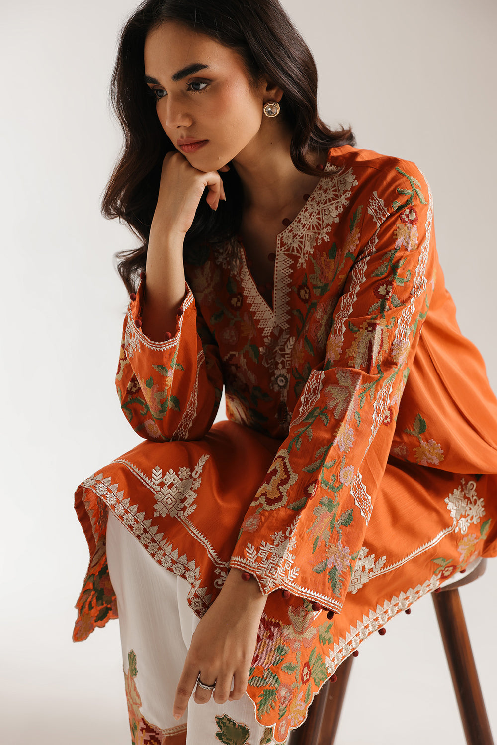 ETHNC Rozana Embroidered 2-Piece Suit – Rust Orange & White