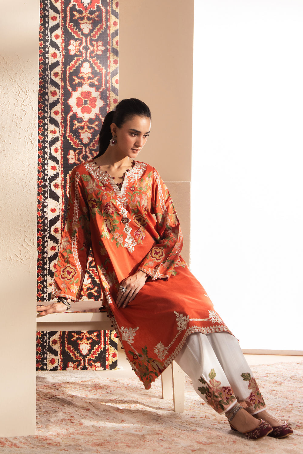 ETHNC Rozana Embroidered 2-Piece Suit – Rust Orange & White
