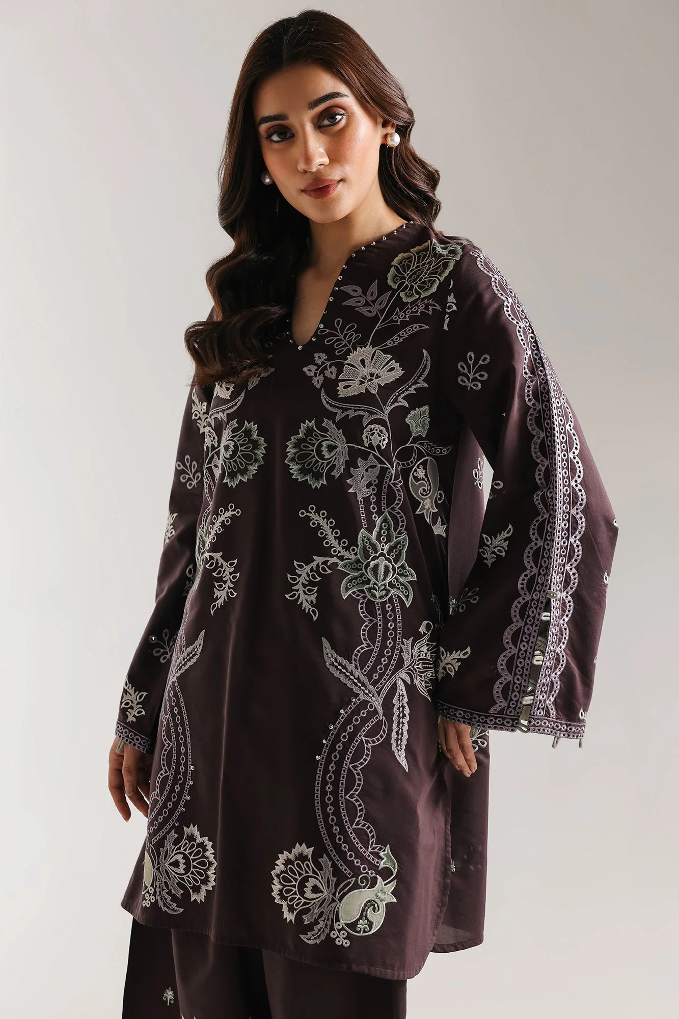 ETHNC Embroidered 2-Piece Stitched Suit with Wide-Leg Shalwar - Deep Plum