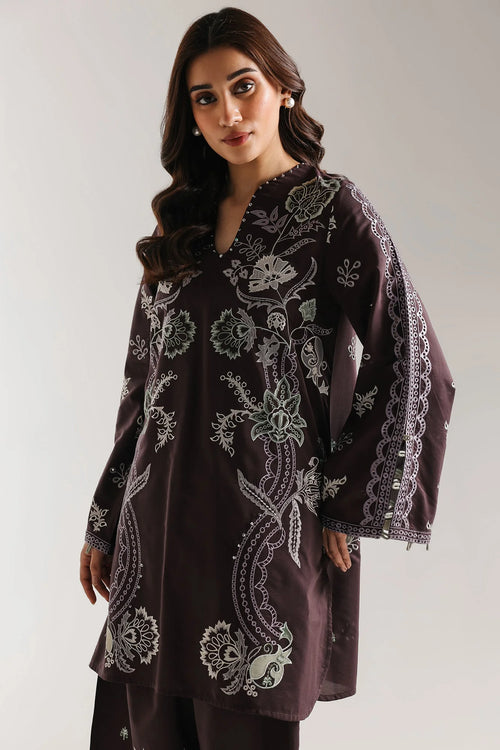 ETHNC Embroidered 2-Piece Stitched Suit with Wide-Leg Shalwar - Deep Plum