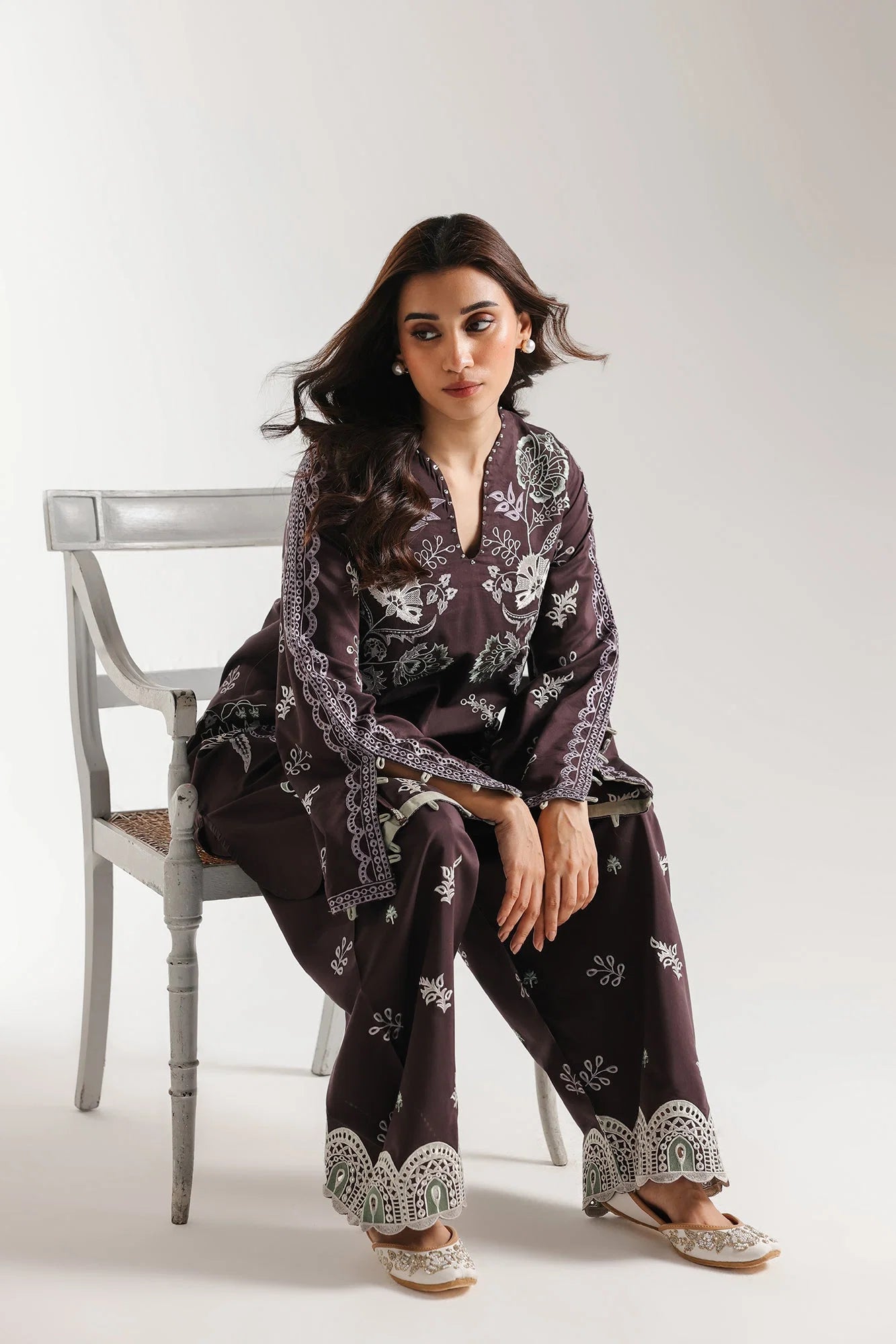 ETHNC Embroidered 2-Piece Stitched Suit with Wide-Leg Shalwar - Deep Plum