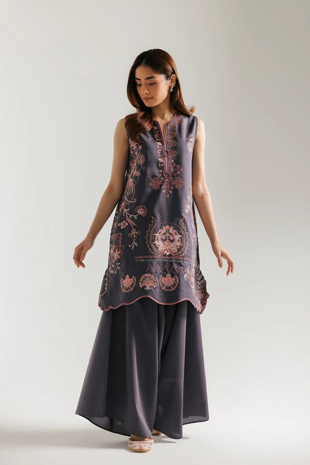 ETHNC Rozana Charcoal Grey Sleeveless Embroidered 2-Piece Co-ord Set - Charcoal Grey