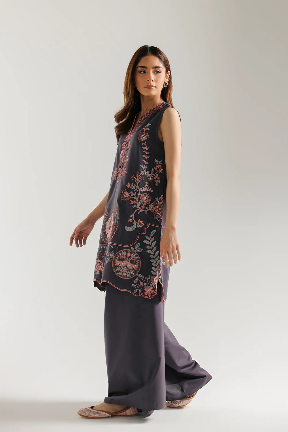ETHNC Rozana Charcoal Grey Sleeveless Embroidered 2-Piece Co-ord Set - Charcoal Grey