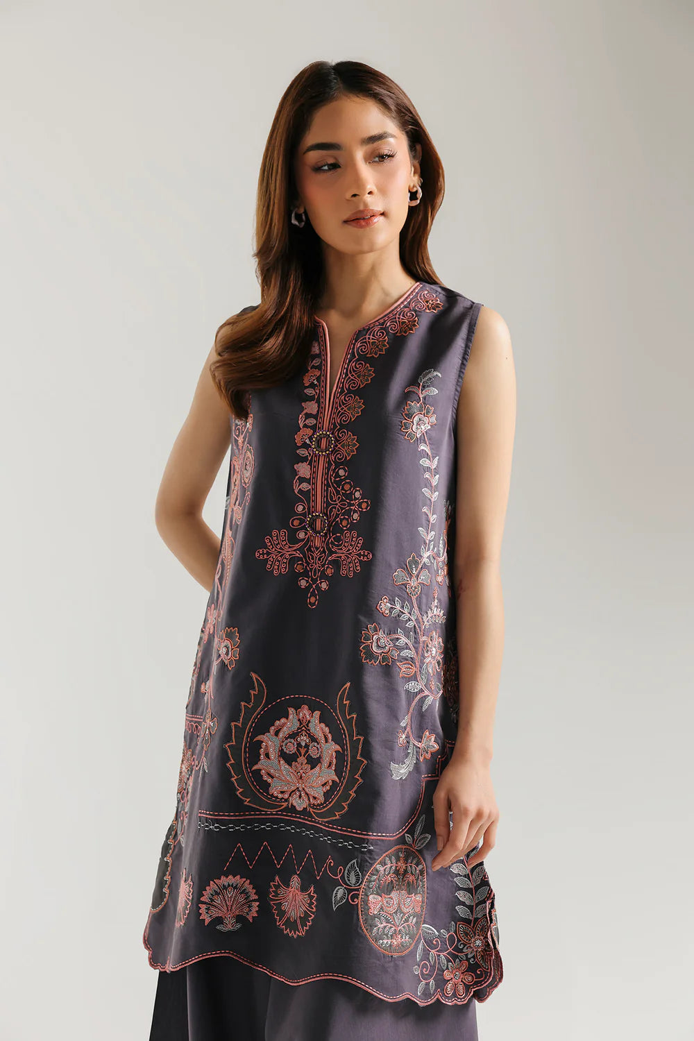 ETHNC Rozana Charcoal Grey Sleeveless Embroidered 2-Piece Co-ord Set - Charcoal Grey