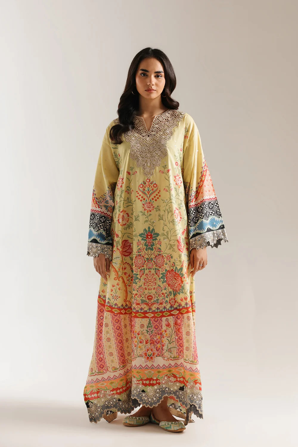 ETHNC Embroidered Floor-Length Printed Kaftan - Lemon Yellow