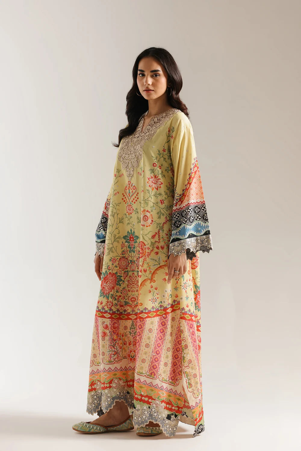 ETHNC Embroidered Floor-Length Printed Kaftan - Lemon Yellow