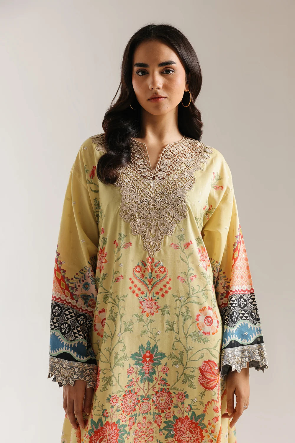 ETHNC Embroidered Floor-Length Printed Kaftan - Lemon Yellow