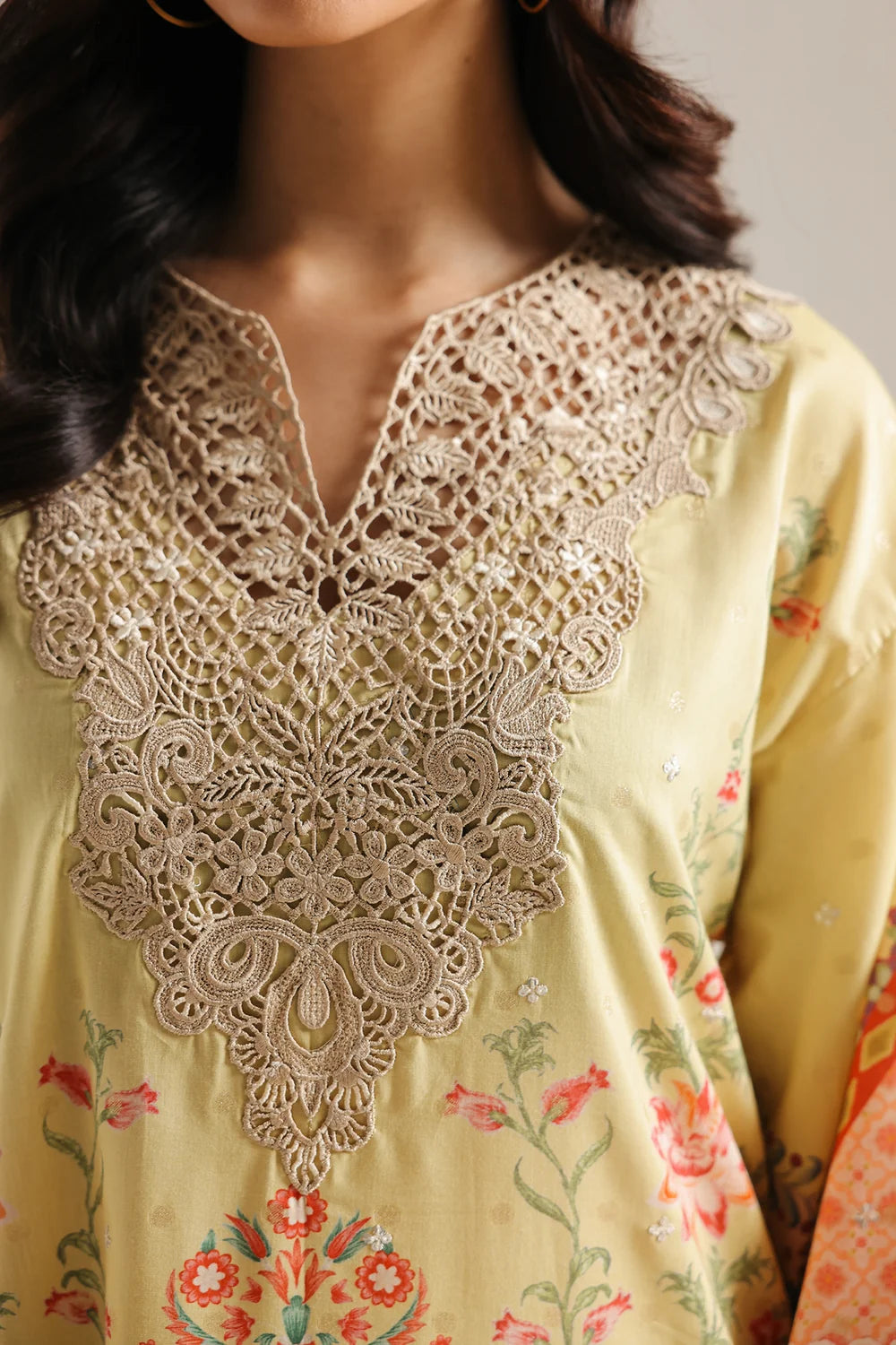 ETHNC Embroidered Floor-Length Printed Kaftan - Lemon Yellow