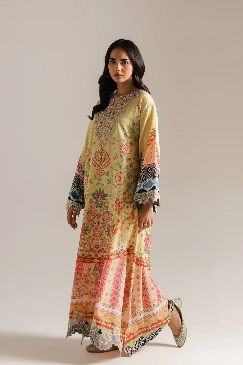 ETHNC Embroidered Floor-Length Printed Kaftan - Lemon Yellow