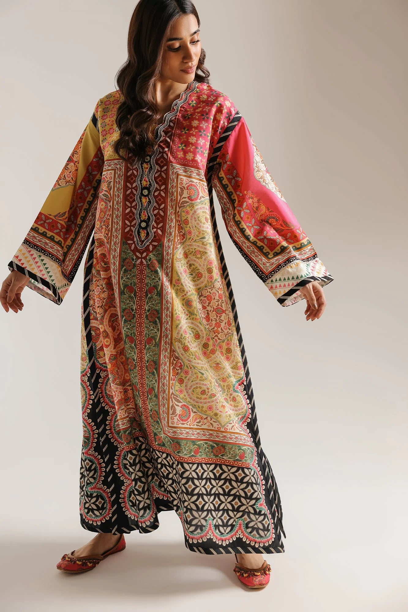 ETHNC Multi-Color Printed Floor-Length Embroidered Kaftan