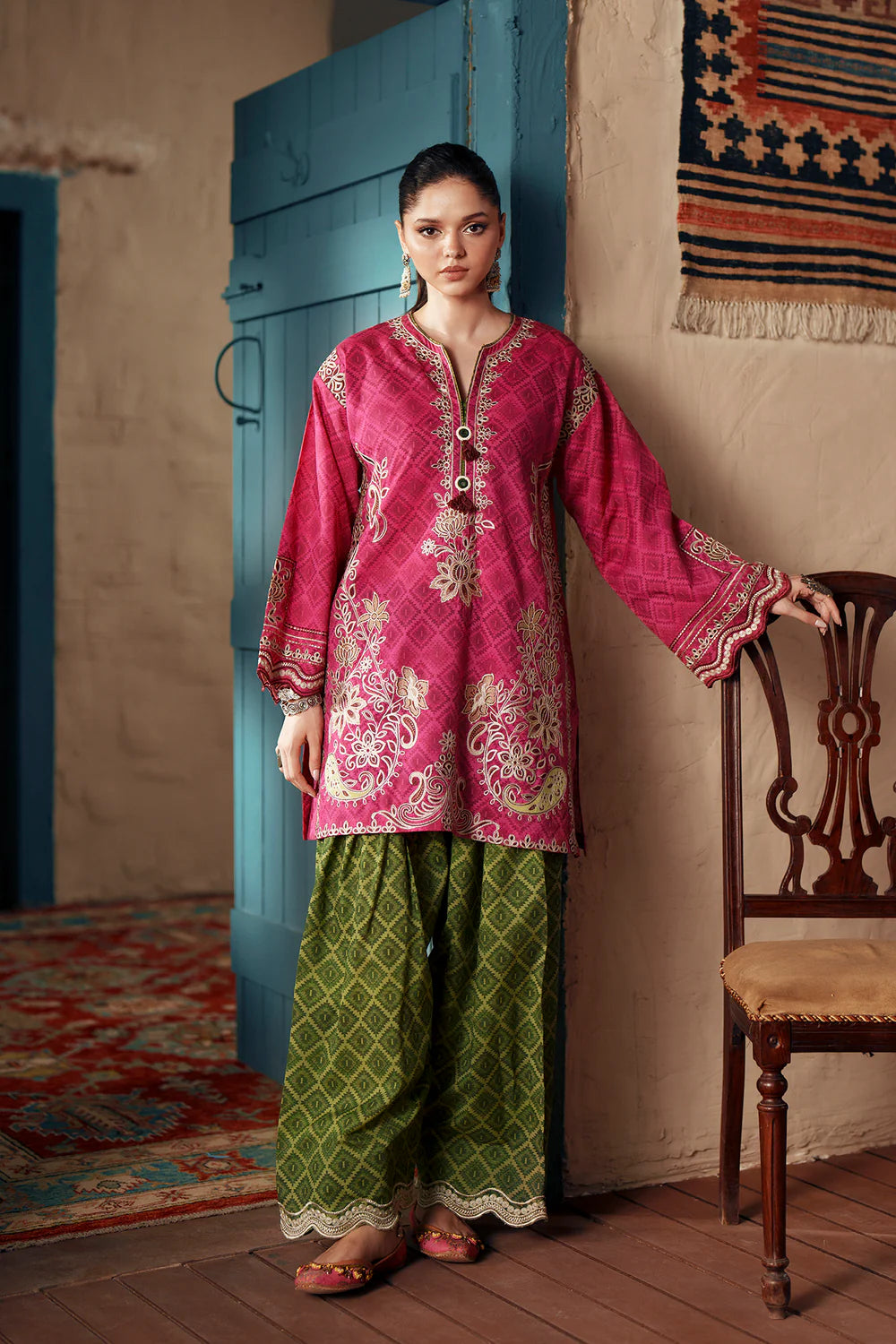 ETHNC Rozana Embroidered 2-Piece Suit – Hot Pink & Olive Green