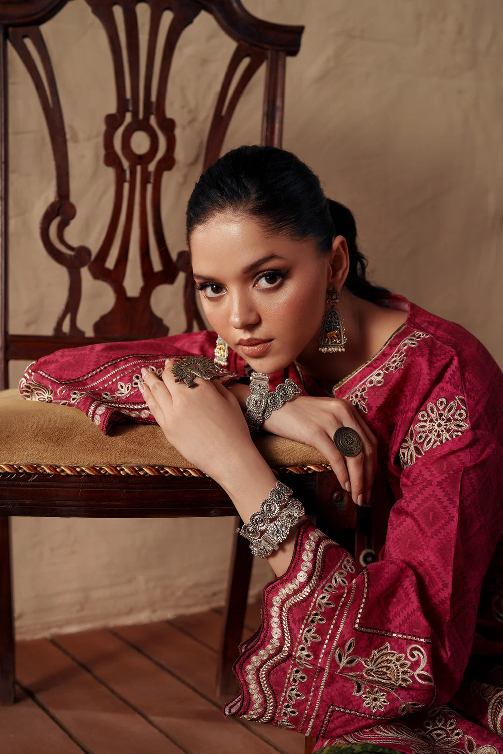 ETHNC Rozana Embroidered 2-Piece Suit – Hot Pink & Olive Green