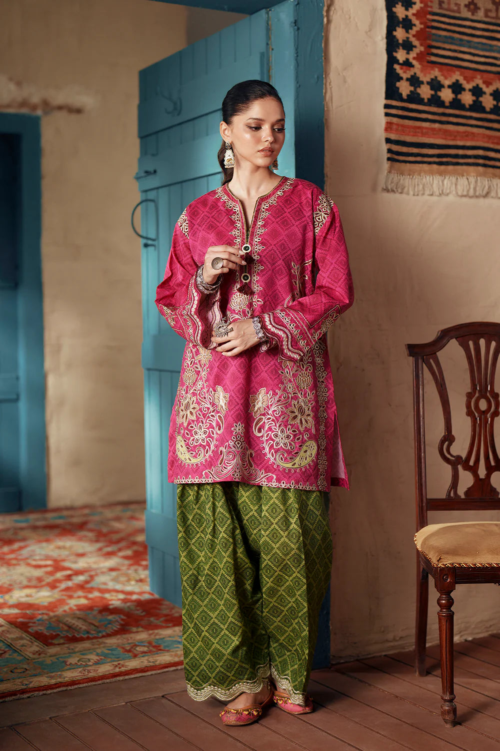 ETHNC Rozana Embroidered 2-Piece Suit – Hot Pink & Olive Green