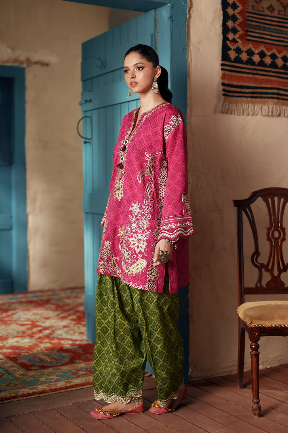 ETHNC Rozana Embroidered 2-Piece Suit – Hot Pink & Olive Green