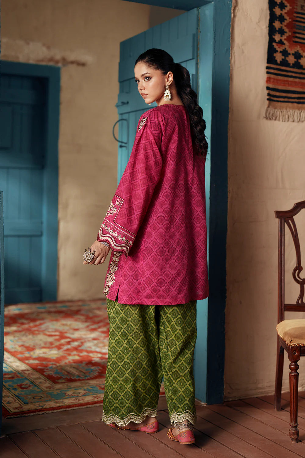 ETHNC Rozana Embroidered 2-Piece Suit – Hot Pink & Olive Green
