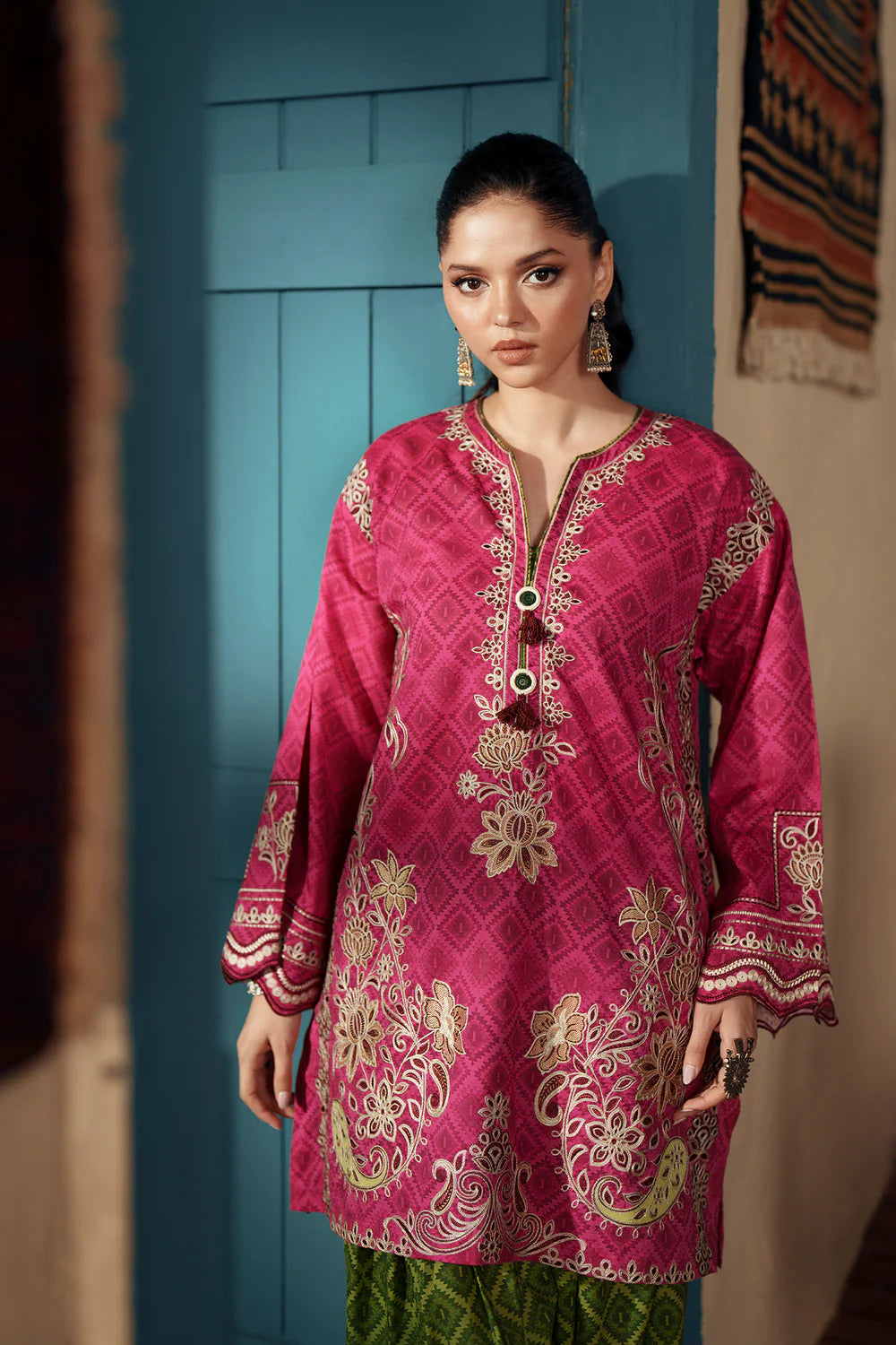 ETHNC Rozana Embroidered 2-Piece Suit – Hot Pink & Olive Green