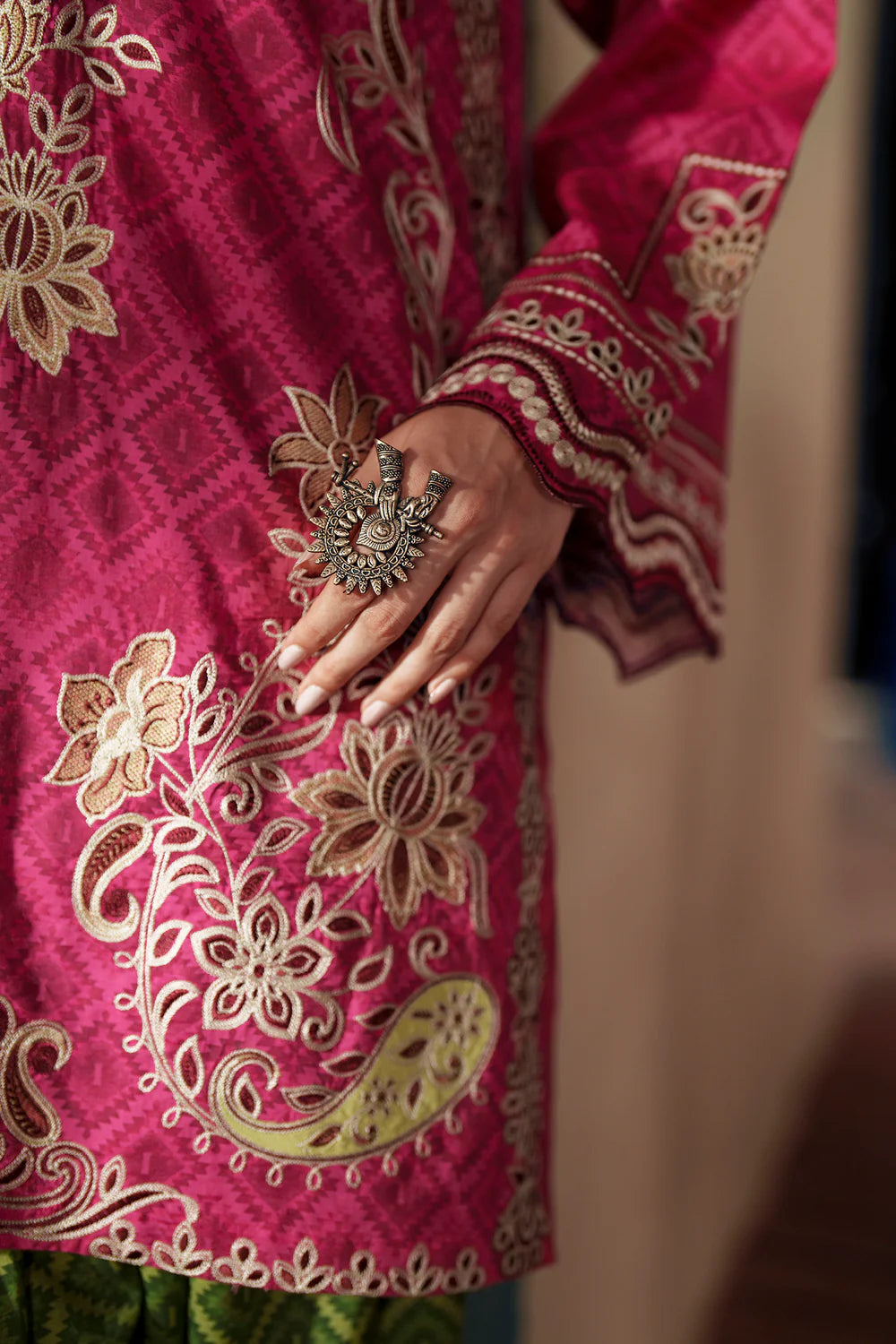 ETHNC Rozana Embroidered 2-Piece Suit – Hot Pink & Olive Green