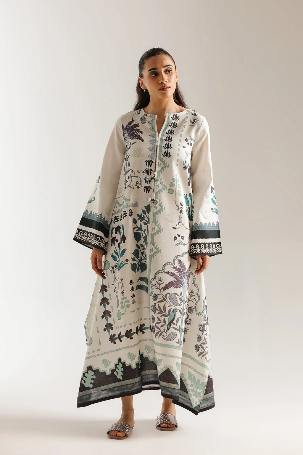 ETHNC Off-White Printed A-Line Stitched Dress with Handkerchief Hemline