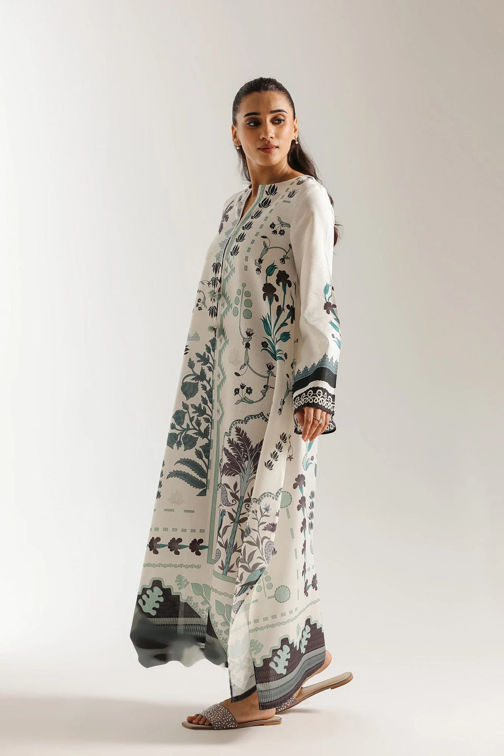 ETHNC Off-White Printed A-Line Stitched Dress with Handkerchief Hemline