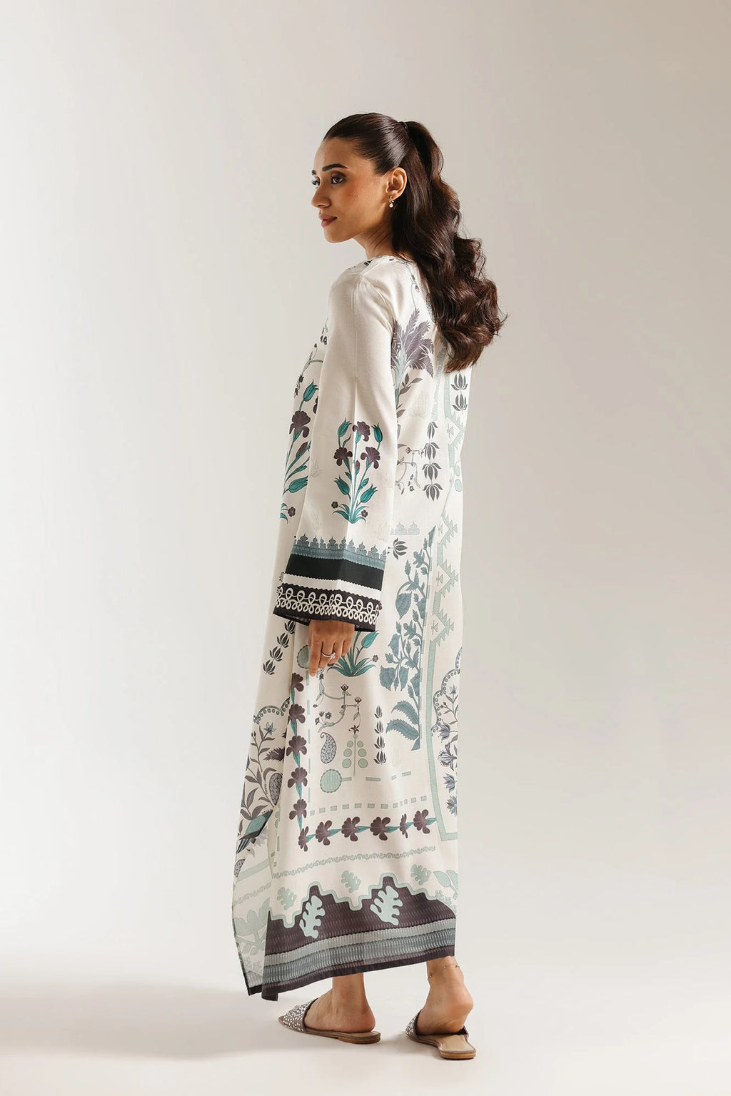 ETHNC Off-White Printed A-Line Stitched Dress with Handkerchief Hemline