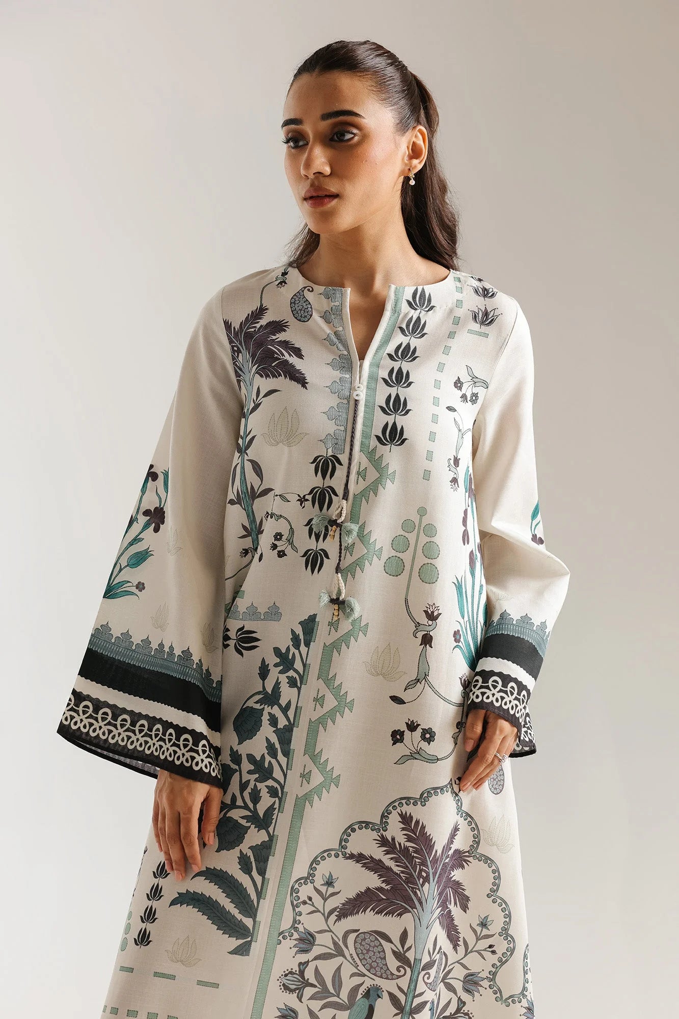 ETHNC Off-White Printed A-Line Stitched Dress with Handkerchief Hemline