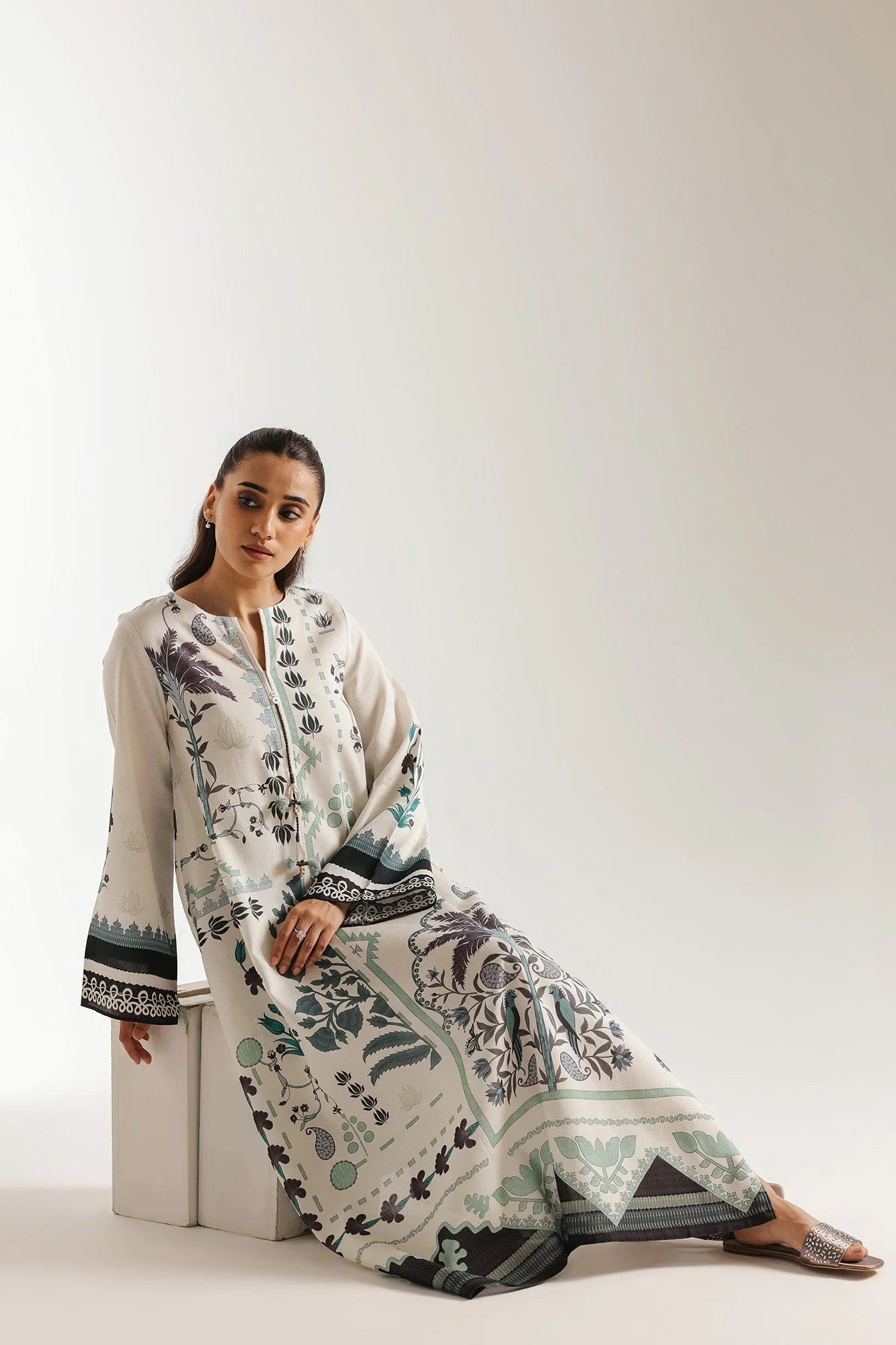 ETHNC Off-White Printed A-Line Stitched Dress with Handkerchief Hemline