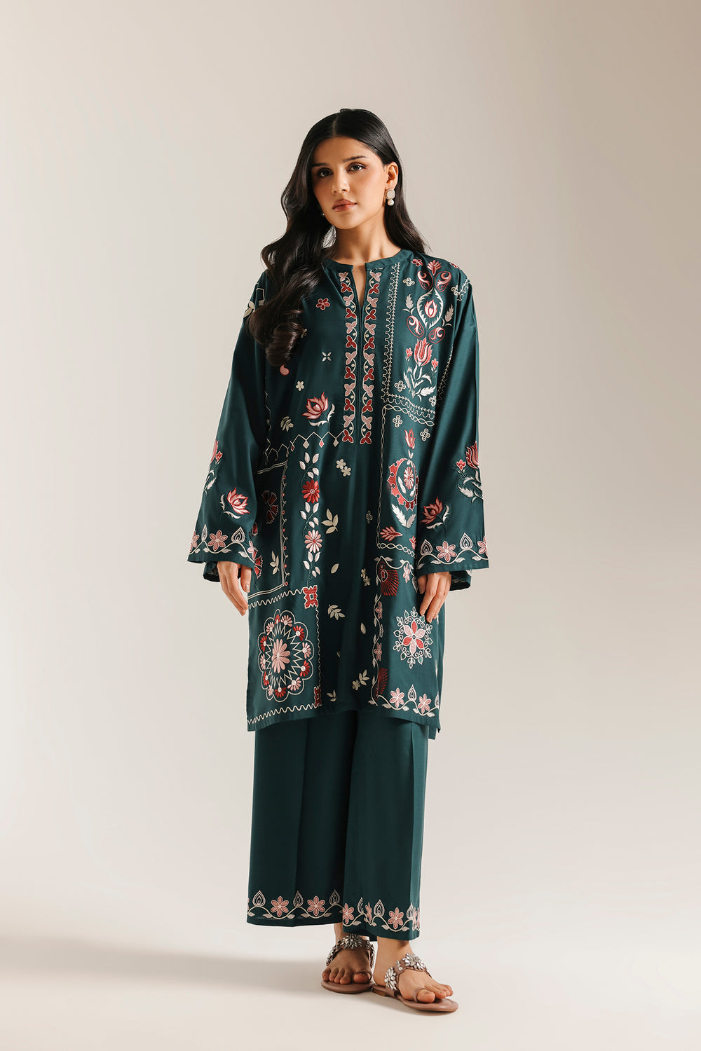 ETHNC Rozana Embroidered 2-Piece Suit – Emerald Green & Coral