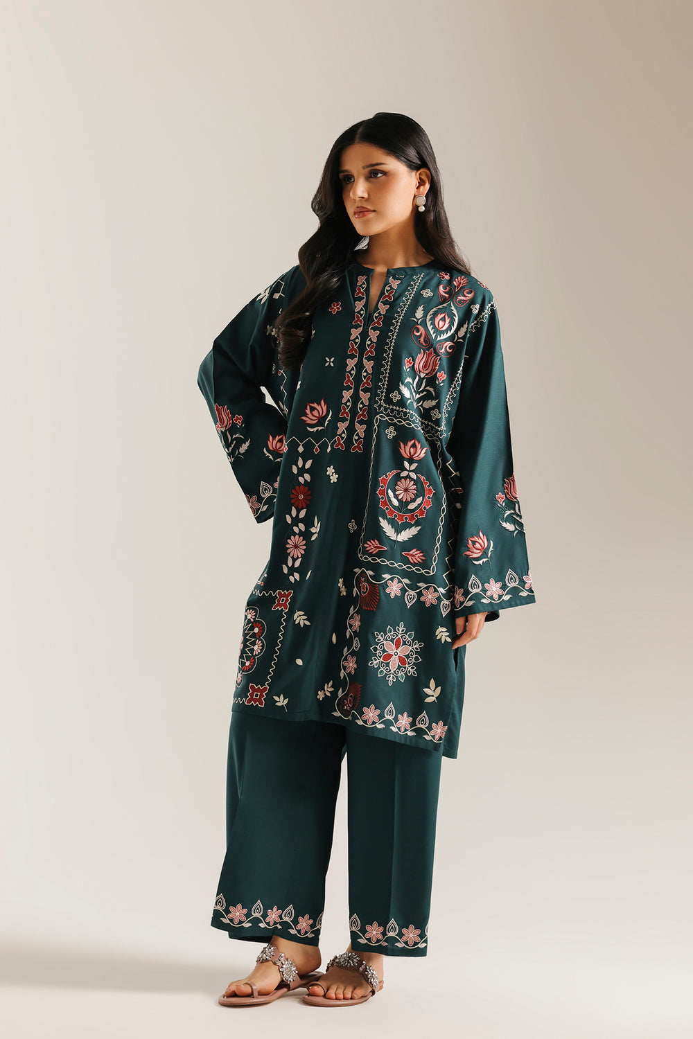 ETHNC Rozana Embroidered 2-Piece Suit – Emerald Green & Coral