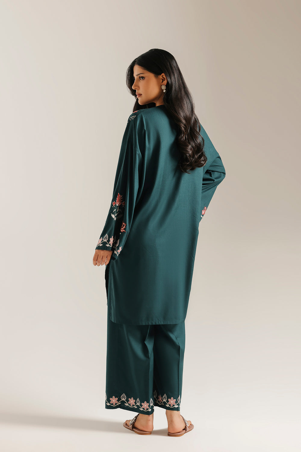 ETHNC Rozana Embroidered 2-Piece Suit – Emerald Green & Coral