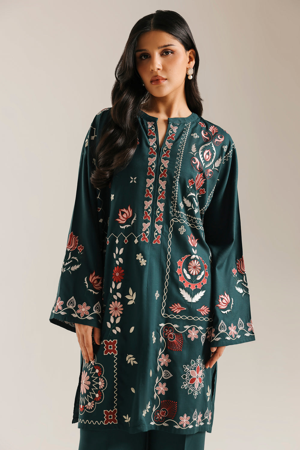 ETHNC Rozana Embroidered 2-Piece Suit – Emerald Green & Coral