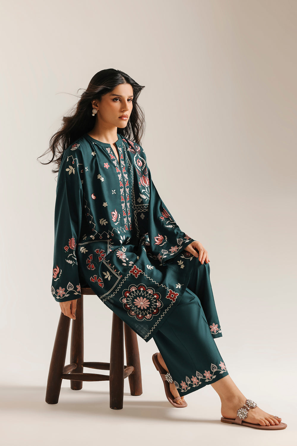 ETHNC Rozana Embroidered 2-Piece Suit – Emerald Green & Coral