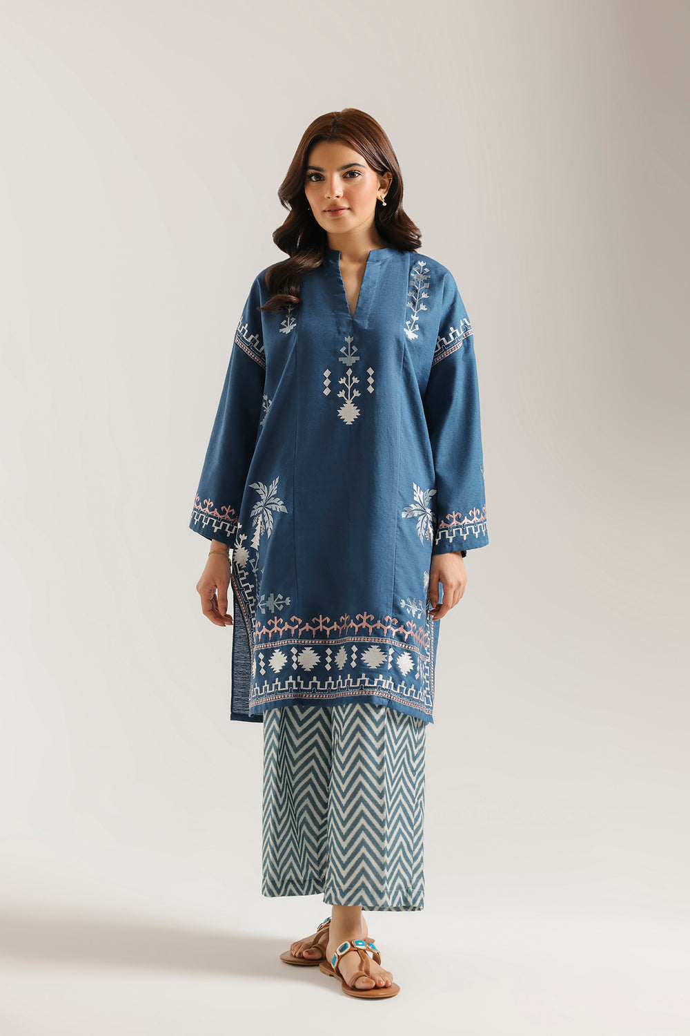 ETHNC Rozana Embroidered 2-Piece Suit – Ocean Blue & Chevron