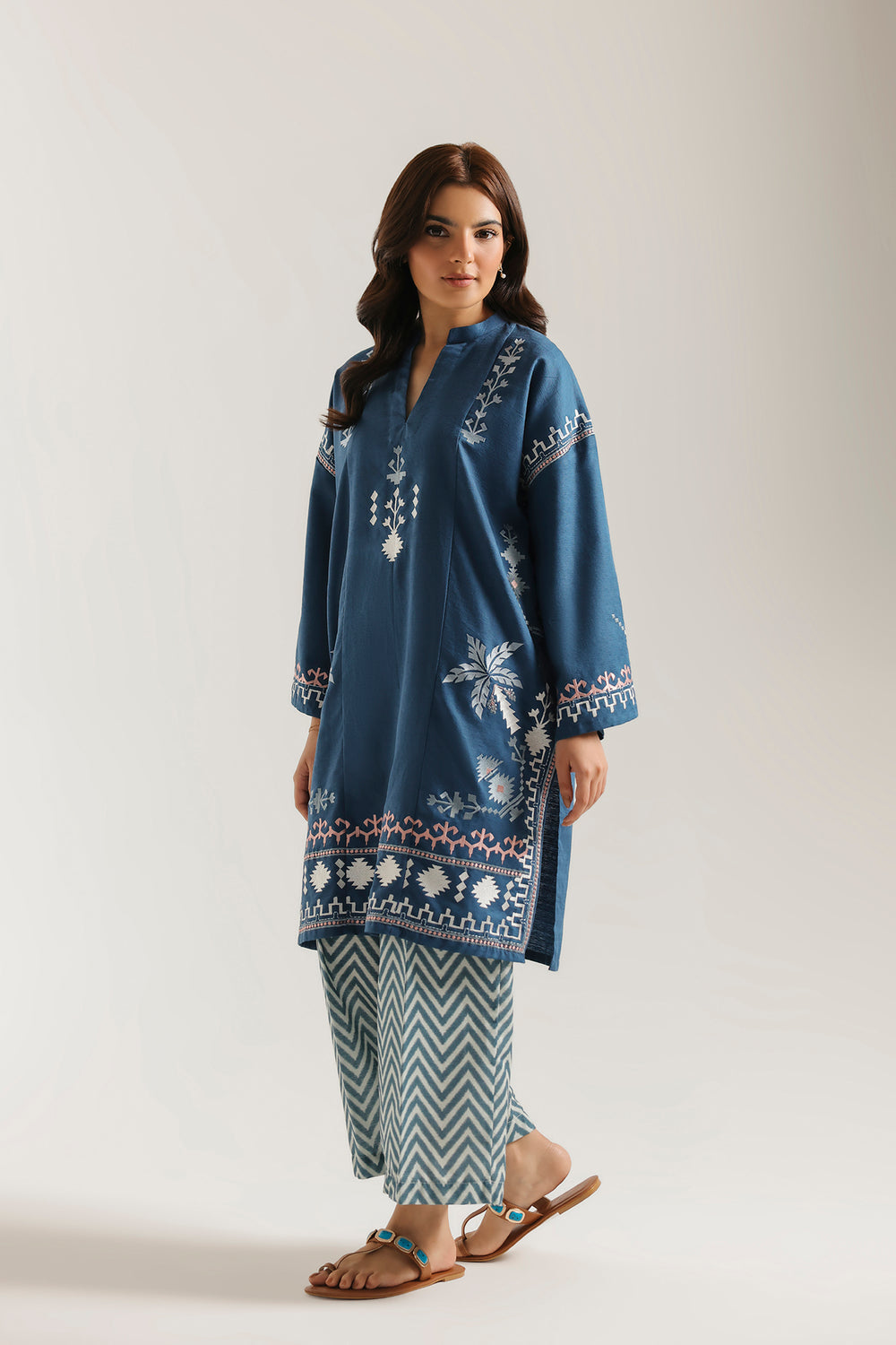 ETHNC Rozana Embroidered 2-Piece Suit – Ocean Blue & Chevron