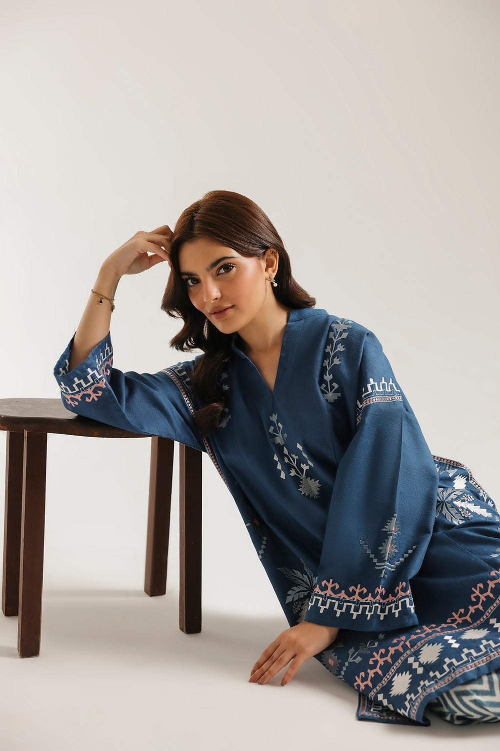 ETHNC Rozana Embroidered 2-Piece Suit – Ocean Blue & Chevron
