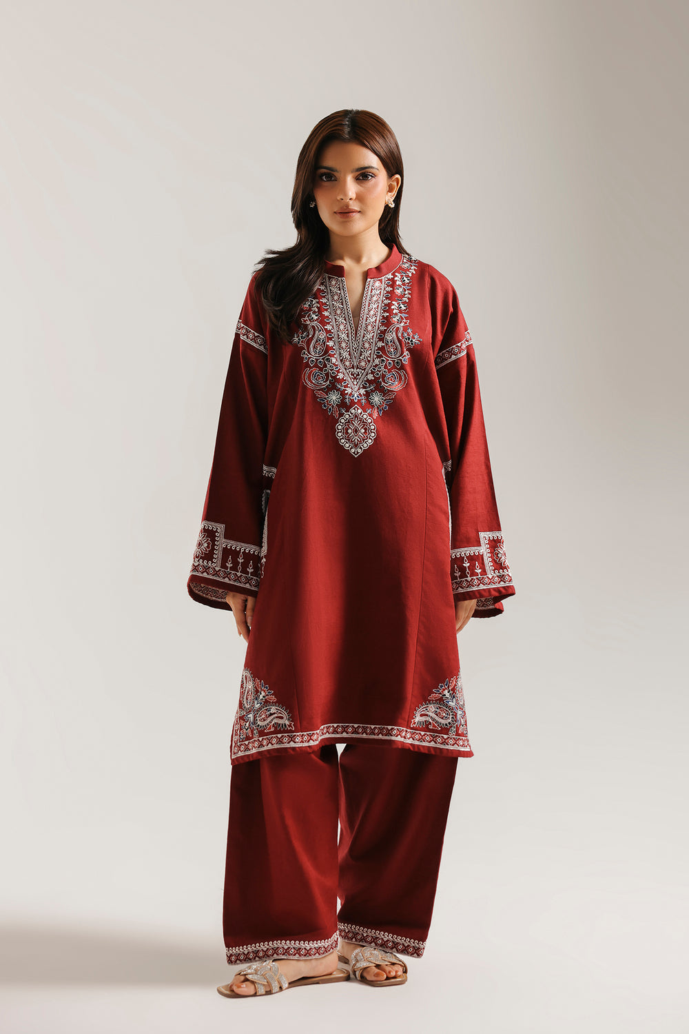 ETHNC Rozana Embroidered 2-Piece Suit – Brick Red