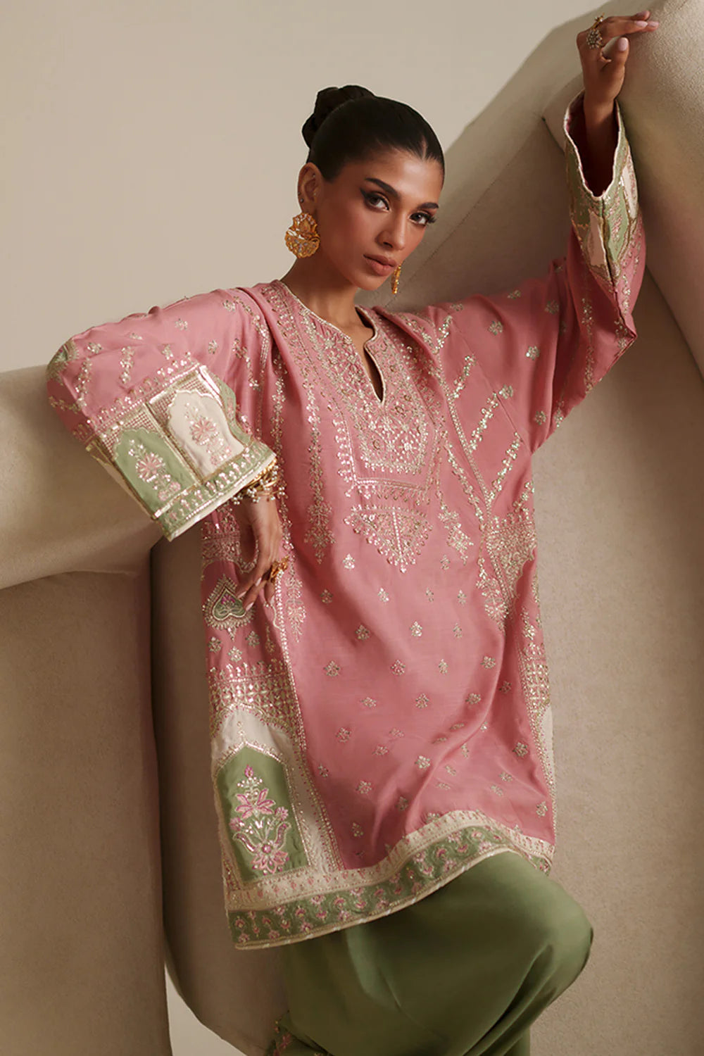 ETHNC Tea Embroidered 2-Piece Viscose Suit with Shalwar - Blush Pink & Olive Green