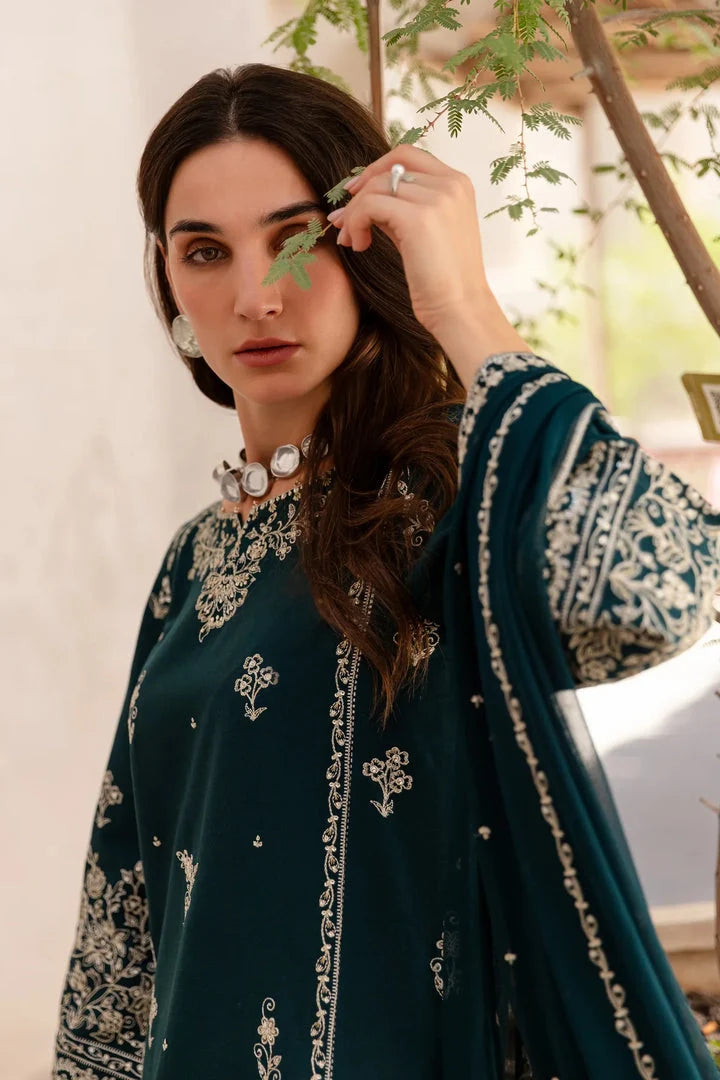 Gulposh by Misbah Embroidered 3-Piece Suit - Dark Teal Green