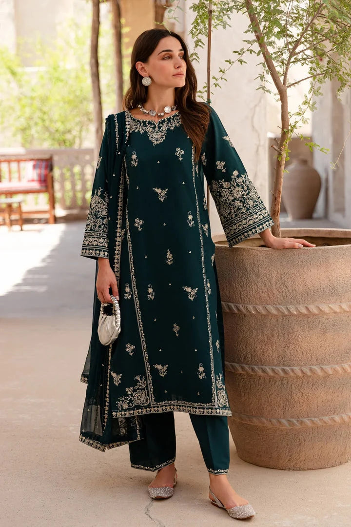 Gulposh by Misbah Embroidered 3-Piece Suit - Dark Teal Green