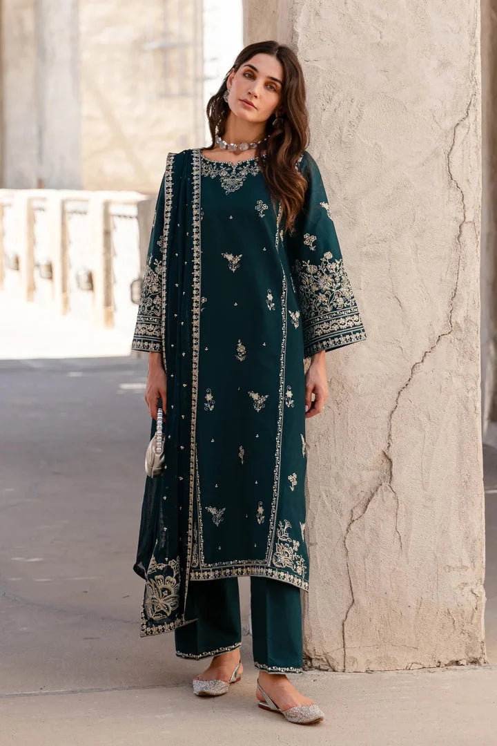 Gulposh by Misbah Embroidered 3-Piece Suit - Dark Teal Green