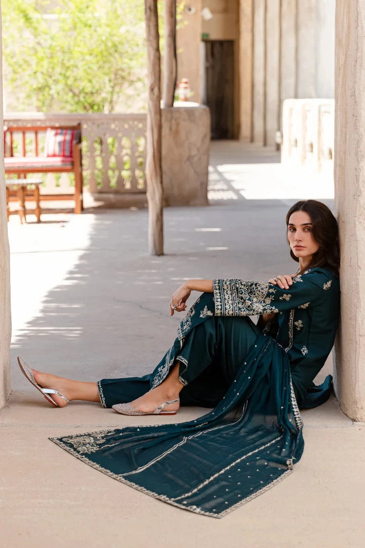 Gulposh by Misbah Embroidered 3-Piece Suit - Dark Teal Green